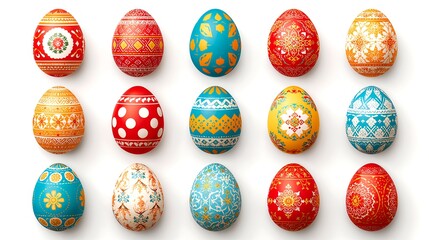 an assortment of intricately decorated easter eggs, showcasing various designs and patterns in a vibrant display. Each egg is a unique piece of art. The eggs are arranged in neat rows.