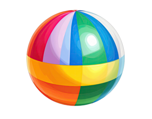 A glossy sphere, with sections of colorful radial stripes, placed against a black background