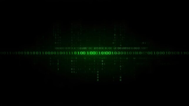 abstract depiction of binary code illuminating in vibrant green against a black background. This image showcases the intricate structure of digital data - Powered by Adobe