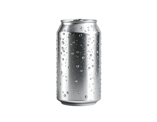Close-up studio shot of a cylindrical silver aluminum beverage container with water droplets