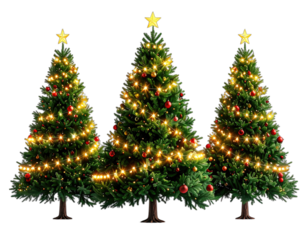 Three evergreen trees, festive with lights, ornaments, and gold stars, on a transparent background