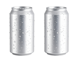 Two metallic beverage cans, each with water droplets, isolated on black background