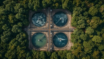 Aerial view of a water treatment plant in a forest, showcasing environmental conservation efforts