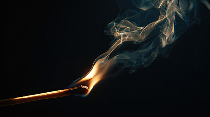 Burning matchstick ignites and sends smoke trails into the darkness.