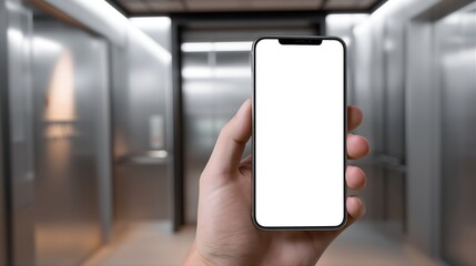 hand holding smartphone with blank screen in modern elevator background