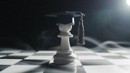 A white chess piece wearing a graduation cap on a chessboard with a spotlight shining