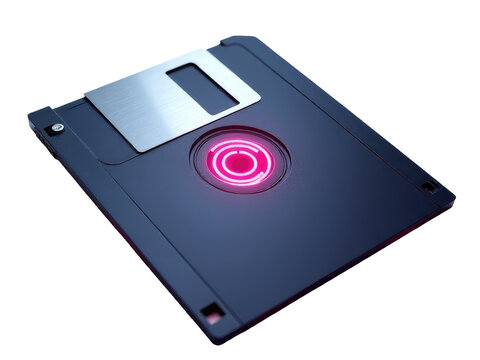 A floppy disk with a glowing disk on top, ideal for futuristic or sci-fi scenes