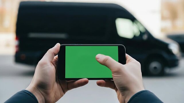 Close Up Of Hands Holding A Black Smartphone With A Green Screen Display In Front Of A Black Van On A Cloudy Day