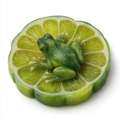 Small green frog resting on a slice of lime fruit citrus