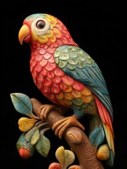 Colorful carved parrot perched on a fruit bearing branch