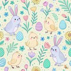 Cheerful seamless pattern with cute cartoon bunnies chicks and decorated Easter eggs scattered among springtime flowers