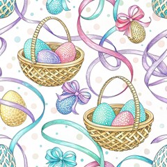 Wicker baskets filled with brightly colored decorated Easter eggs and swirling ribbons seamless pattern