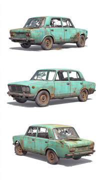 Three images of a weathered and aged green automobile