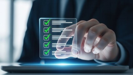Closeup Businessman Hand holding virtual checklist with green tick marks, representing task completion, project management, productivity, and successful workflow execution