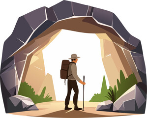 Flat vector illustration of a hiker with a backpack standing at the entrance of a stone cave archway. Generative AI