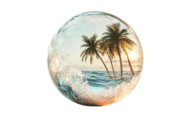 Sunny tropical island with vibrant palm trees and rolling ocean waves for tranquil nature settings