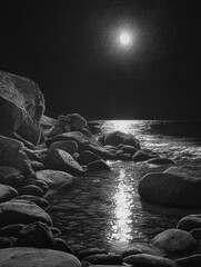 Full moon reflection on water by rocky shore at night
