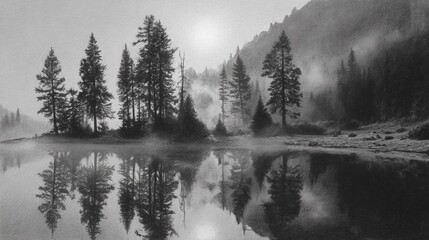 Misty forest trees reflected in calm water drawing