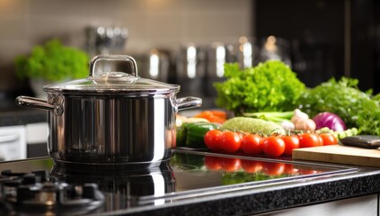 Stainless pot on stovetop, surrounded by fresh vegetables