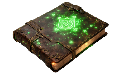 Detailed magical notebook with leather cover and glowing designs for wizardry and fantasy use