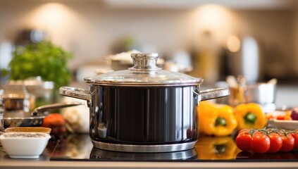 Modern kitchen, black pot on stovetop, prep ingredients