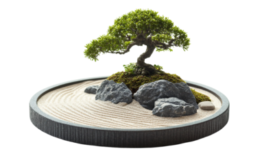 Tranquil miniature bonsai garden with sand patterns and rocks for meditation and interior design