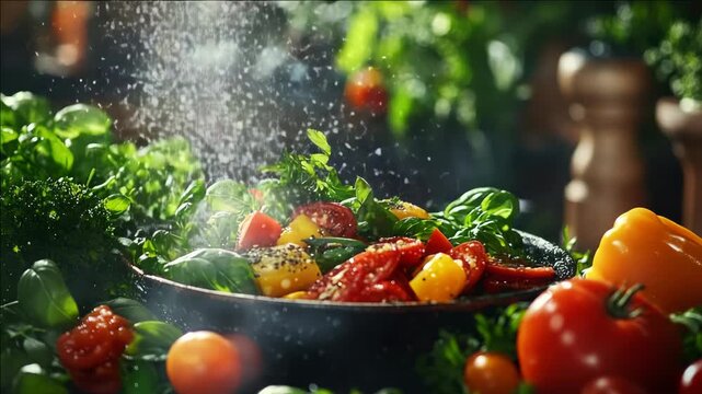 Vivid colors of fresh vegetables popping under the heat, creating a mouthwatering visual experience.