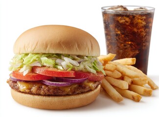 Gourmet burger with fries and soda