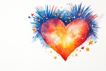 Watercolor illustration of heart shaped fireworks with drops isolated on a white background