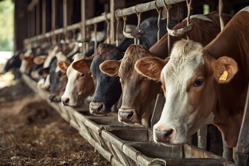Feeding Cows in Stable. Row of feeding dairy cows in a stable on a farm, with shallow depth of field