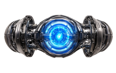 Surreal illustration of a time-travel device with glowing blue energy in a futuristic creative scene