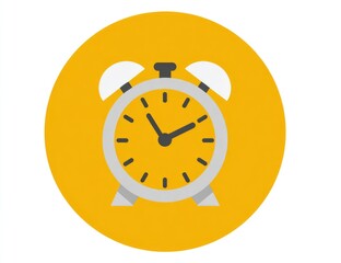 A simple, flat design alarm clock icon.  A gray alarm clock sits centered in a bright, round, yellow circle