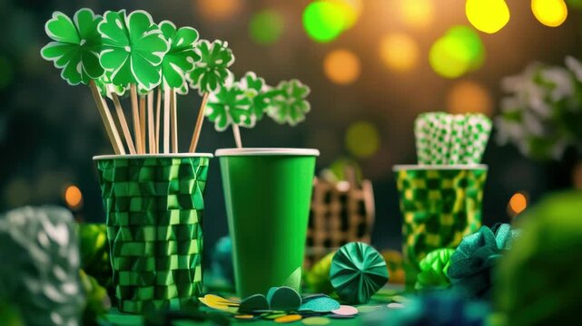 A festive table setting with green candies and decorations for St Patrick's Day celebrations.