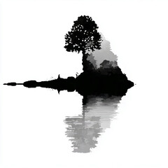 Tree reflection in water silhouette vector - Nature landscape illustration