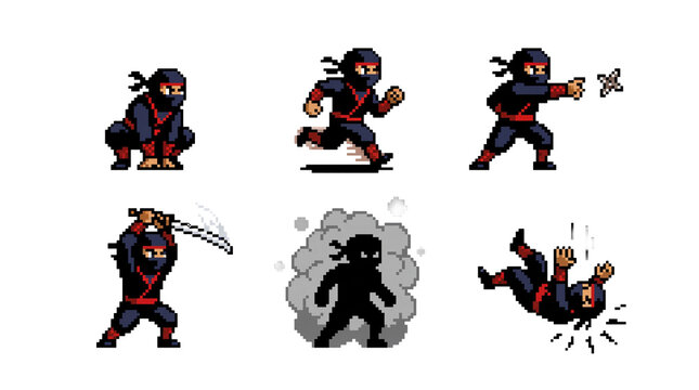 Pixel art ninja character sprite sheet on transparent background