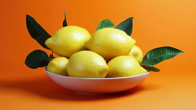 A collection of fresh ripe lemons in a bowl placed against an orange backdrop.