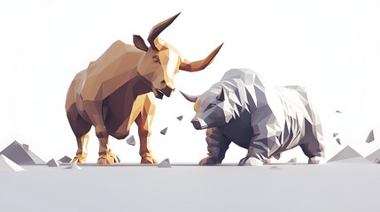 向かい合う金と銀のローポリゴンの牛 金融市場と投資のビジネスコンセプト ブルマーケット
