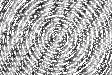 Macro halftone print of circular water-like ripples made from dense diagonal strokes in black on a transparent background, forming a vibrating wave pattern.