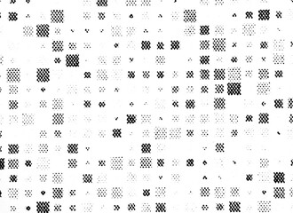 Abstract halftone texture of scattered square dot clusters in a fading grid pattern. Black on transparent PNG, ideal for digital, pixelated, or tech-style design work.
