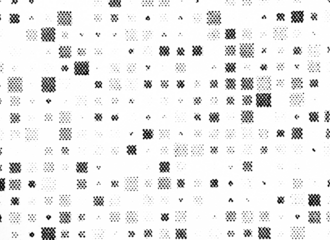 Abstract halftone texture of scattered square dot clusters in a fading grid pattern. Black on transparent PNG, ideal for digital, pixelated, or tech-style design work.