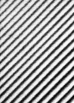 Macro black halftone dots forming diagonal wavy stripes and banding, isolated on a transparent background with alpha channel.