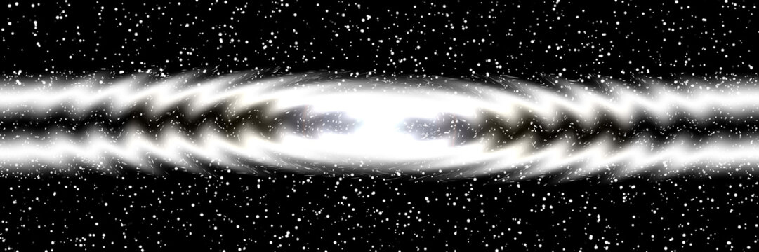  Bands of light and shadow radiating from a luminous center, layered across a star-speckled black field with rhythmic symmetry