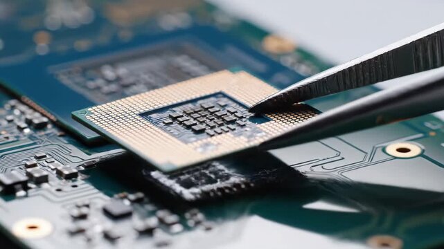 Close-up of a technician using tweezers to install a computer processor chip.