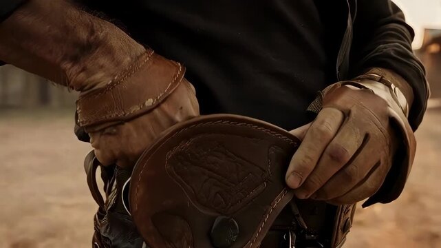Close-up of a cowboy drawing a revolver in a dusty Western town at sunset.