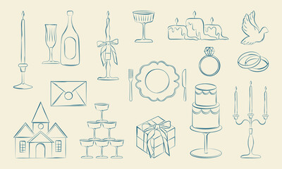 Decorative elements in hand-drawn line style for Wedding. Marriage Icons vector illustration. Wedding elements : cake, champagne tower, candles, rings. © Khrystyna Dmytryshyn