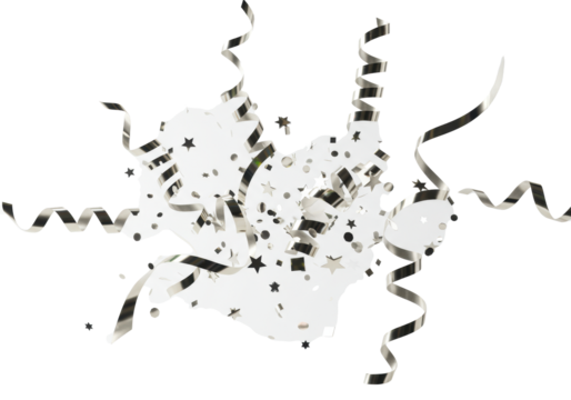 Photorealistic silver metallic confetti and iridescent ribbons dynamically dispersed against a transparent background with motion blur and bokeh, elegant celebration atmosphere - Powered by Adobe