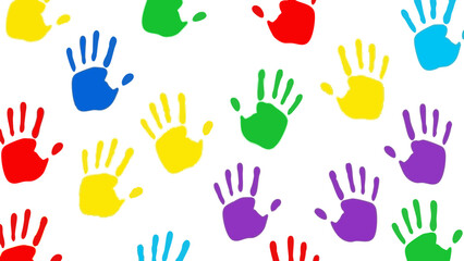 Fototapeta premium Colorful handprints in vibrant patterns on a white background 