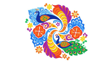 Fototapeta premium Vibrant rangoli design featuring peacocks and floral patterns for Holi 