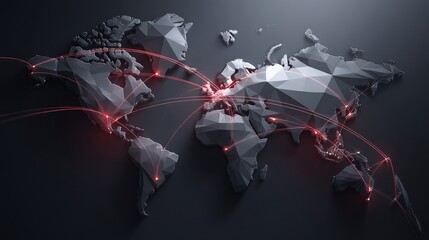 A Geometric World Map Connecting Global Points with Bright Red Lines Indicating Data Movement and Connectivity Across Continents