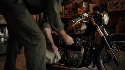 Skilled Mechanic Working on Vintage Motorcycle in Rustic Workshop with Tools and Equipment.